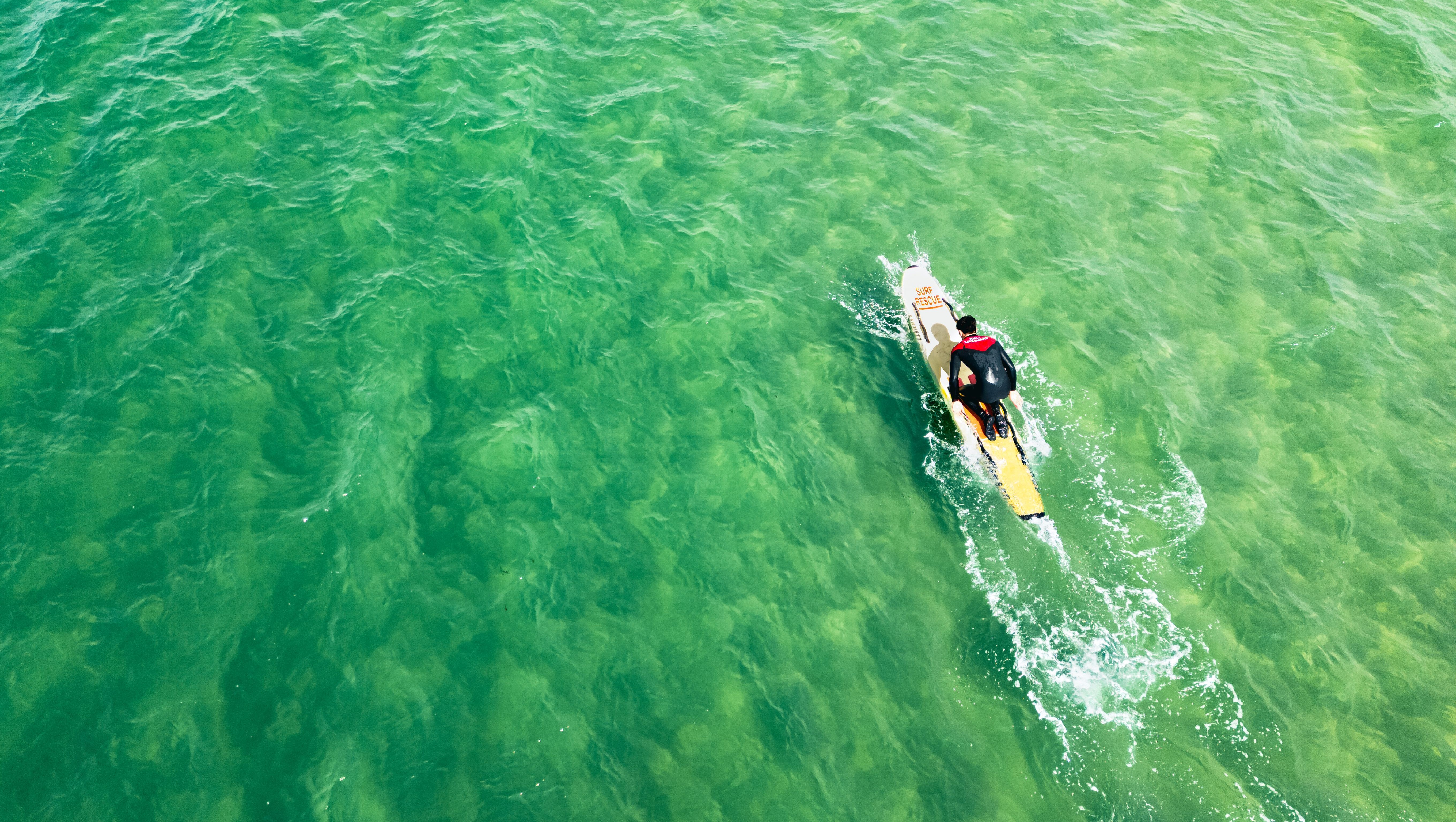 A lifeguard paddles a rescue board over water with a green hue